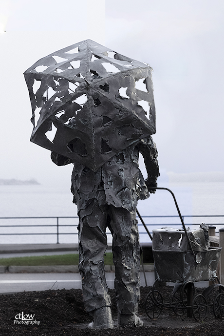 Con Darling statue Brockville Blockhouse Island fog Con Darling statue Brockville Blockhouse Island fog