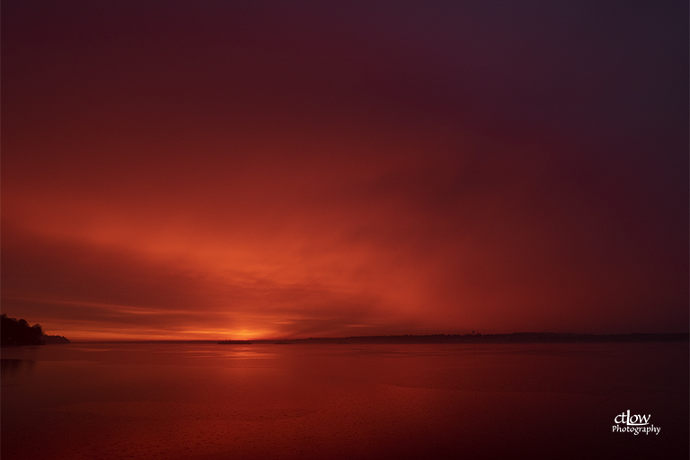 Dawn River Red cloud fog