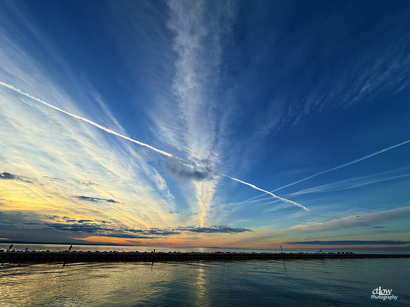 sunset Port Dalhousie clouds contrails Lake Ontario water sky